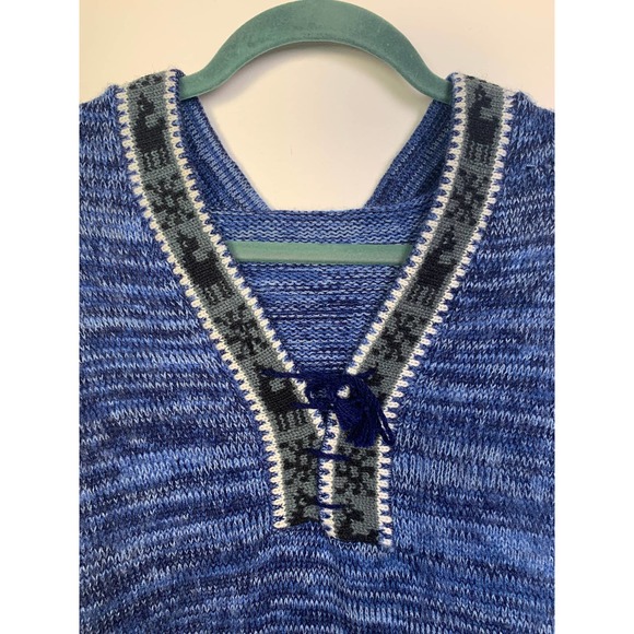 Vintage Retro Womens Blue Alpaca Hoodie, 70s Boho Sweater with finge, Size S - Picture 2 of 5